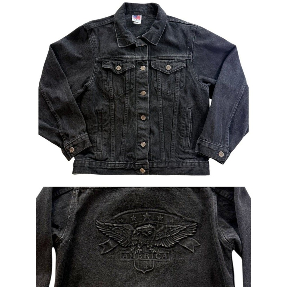 VTG Tyca Denim Jacket Small Made in USA Black Embossed Eagle America Trucker 90s